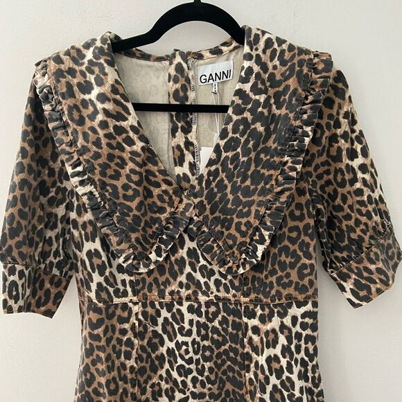 Ganni Leopard Print Midi Denim Dress 38 - Picture 5 of 13